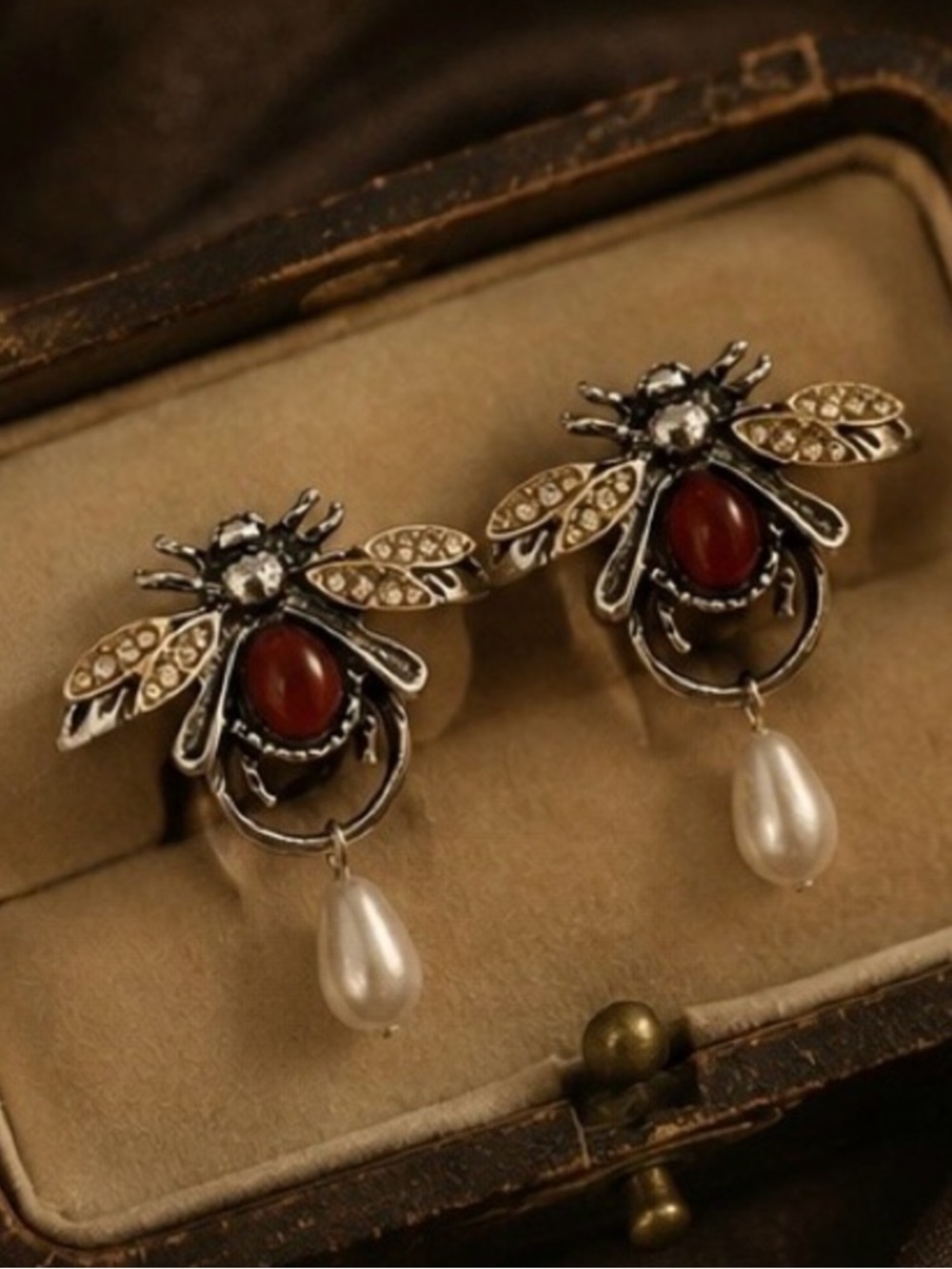Silver Bee Earrings with Red Stone and Pearl Drop